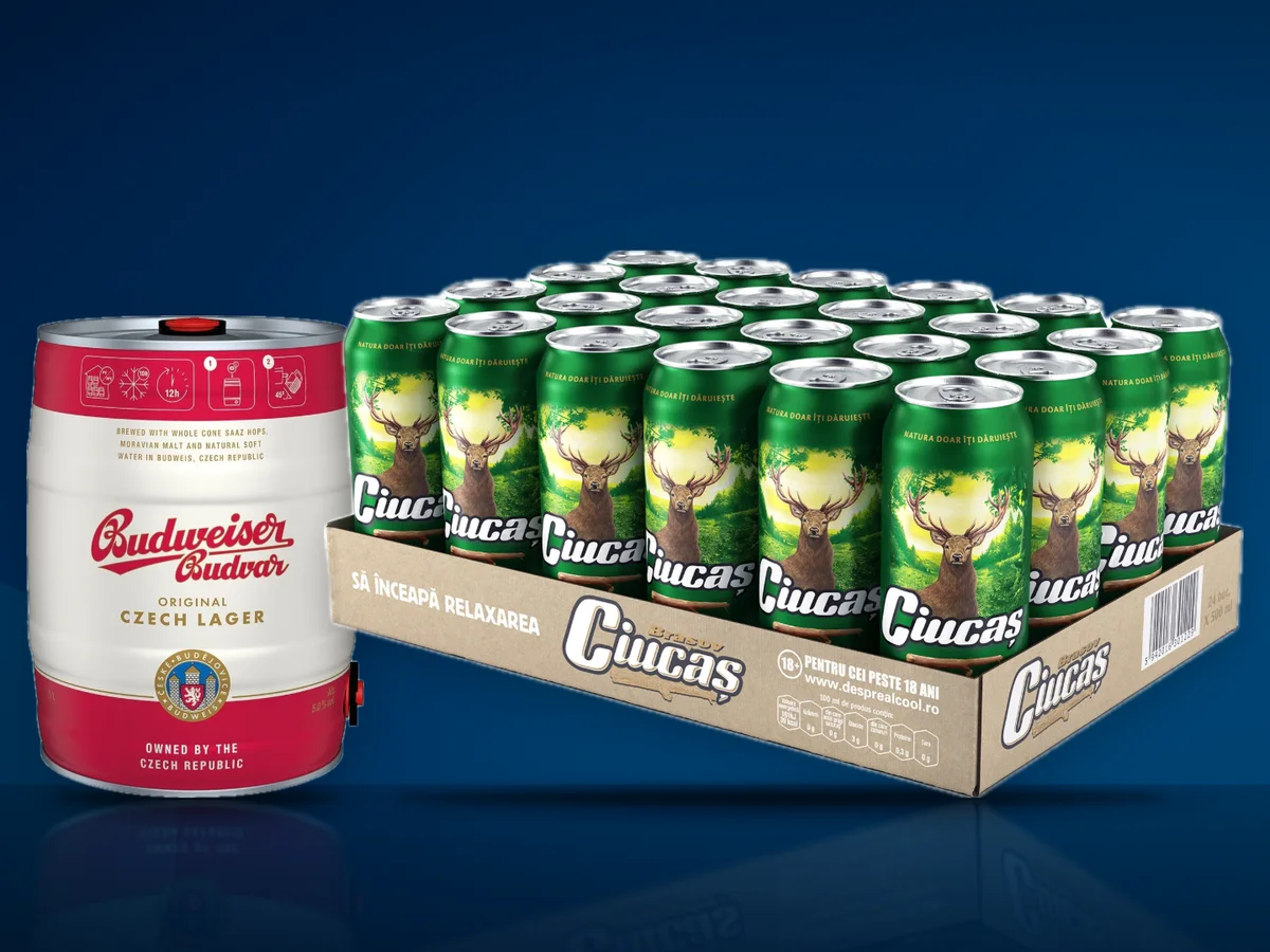 Keg Budweiser Budvar de cinci litri si bax de 24 de doze de bere Ciucas