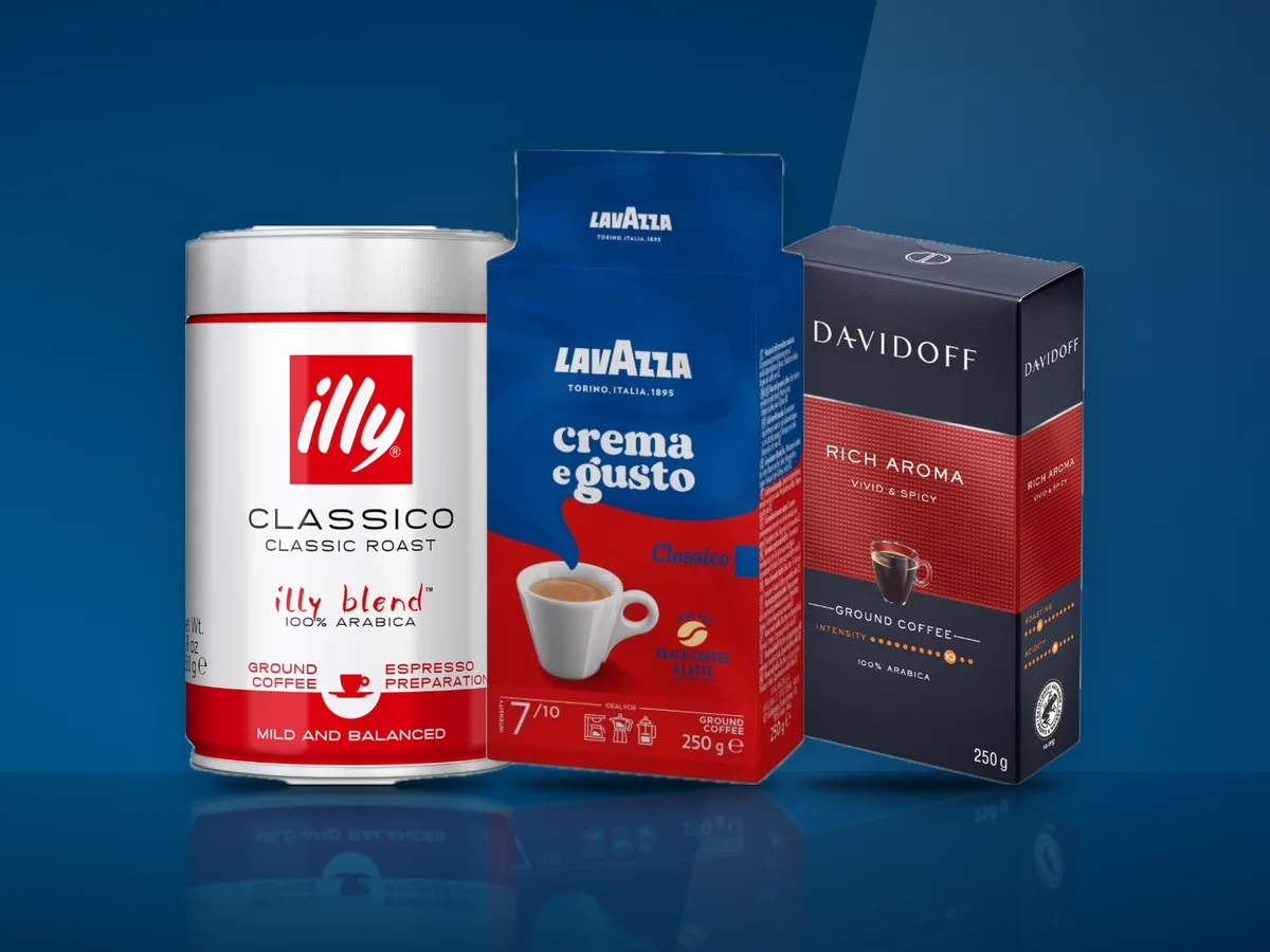Cafea macinata illy Classico in cutie metalica, Lavazza Crema e Gusto si Davidoff Rich Aroma