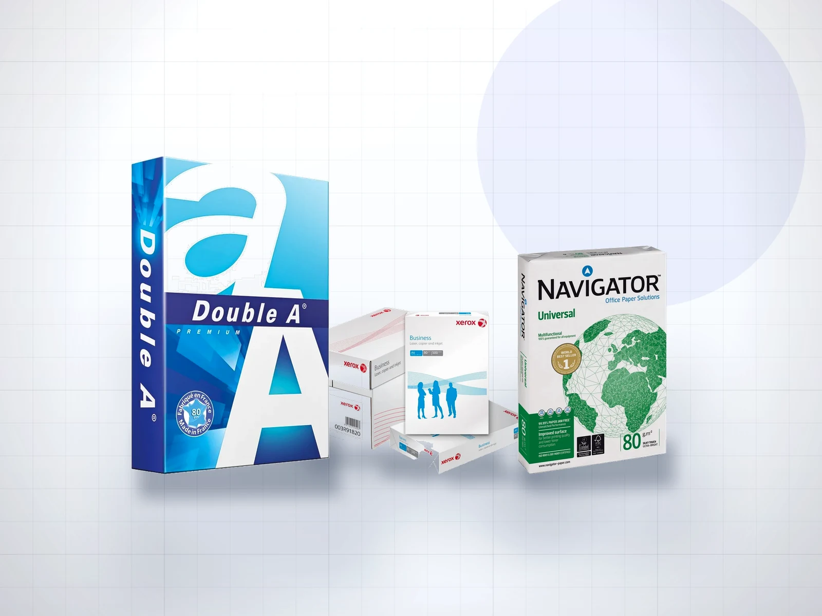 Trei topuri de hartie A4 pentru copiator: Double A, Xerox Business si Navigator Universal