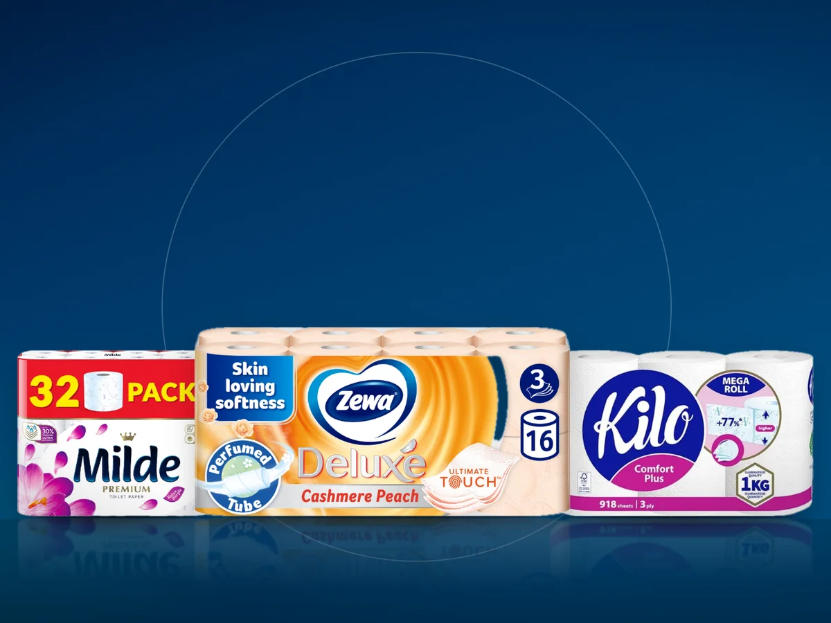 Trei pachete de hartie igienica: Zewa Deluxe, Milde Relax si Kilo Confort