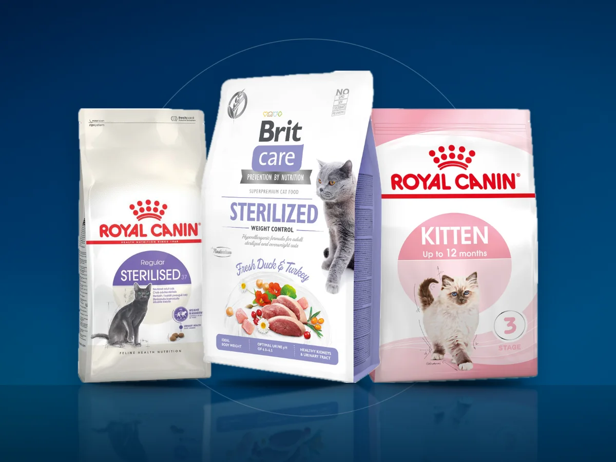 Saci de hrana uscata Royal Canin Sterilised, Brit Care Sterilized si Royal Canin Kitten