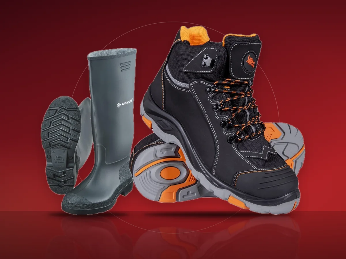 Bocanci de protectie S3 din piele cu bombeu metalic si cizme de lucru Dunlop din PVC