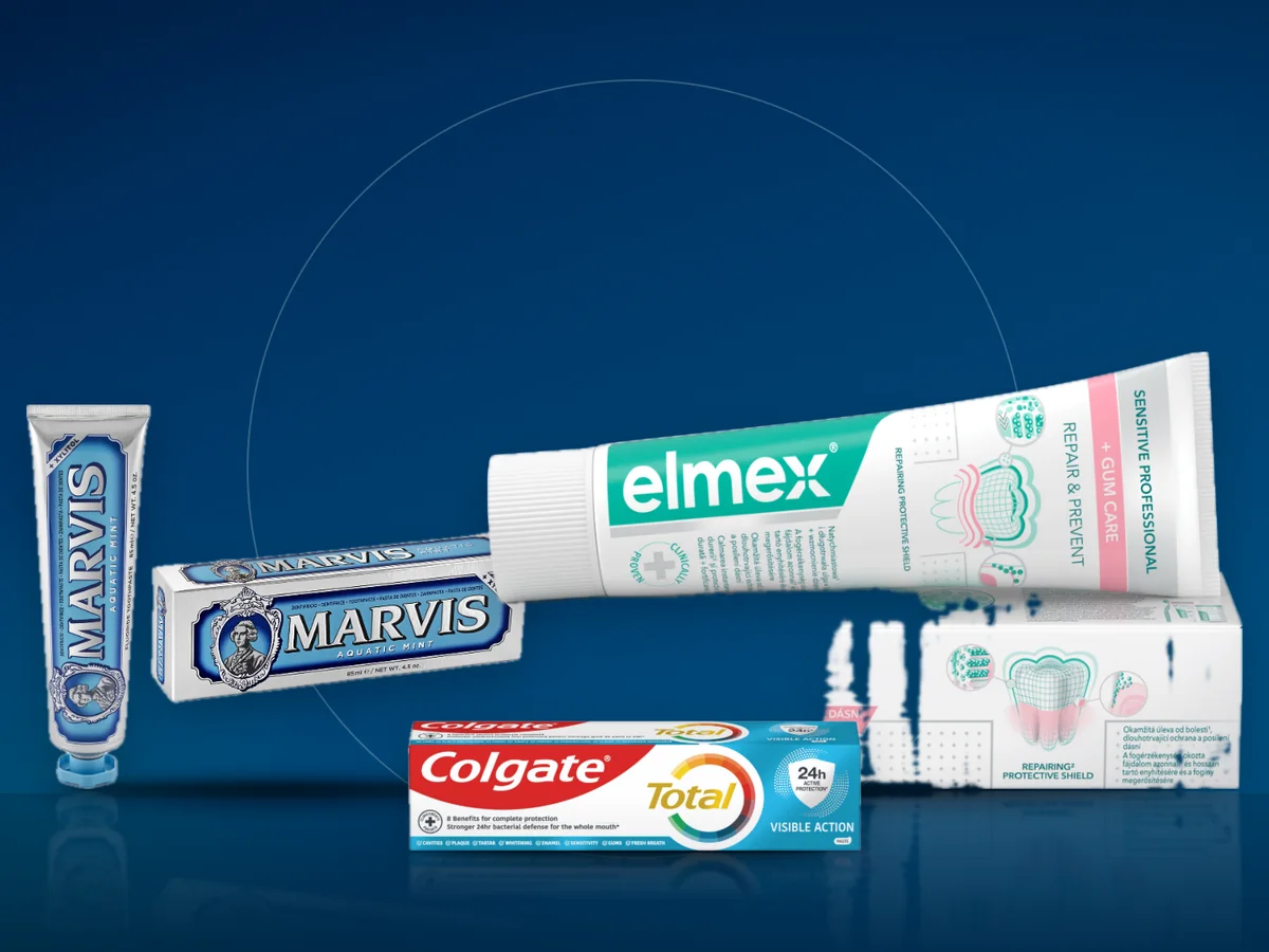 Trei tuburi de pasta de dinti: elmex, Colgate Total si Marvis Aquatic Mint