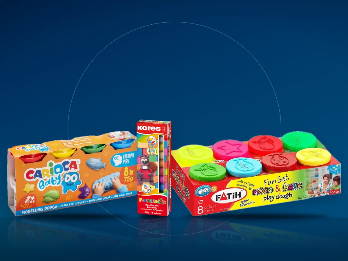 Pasta de modelat Carioca Baby Dough, plastilina Kores si borcane Fatih in culori neon