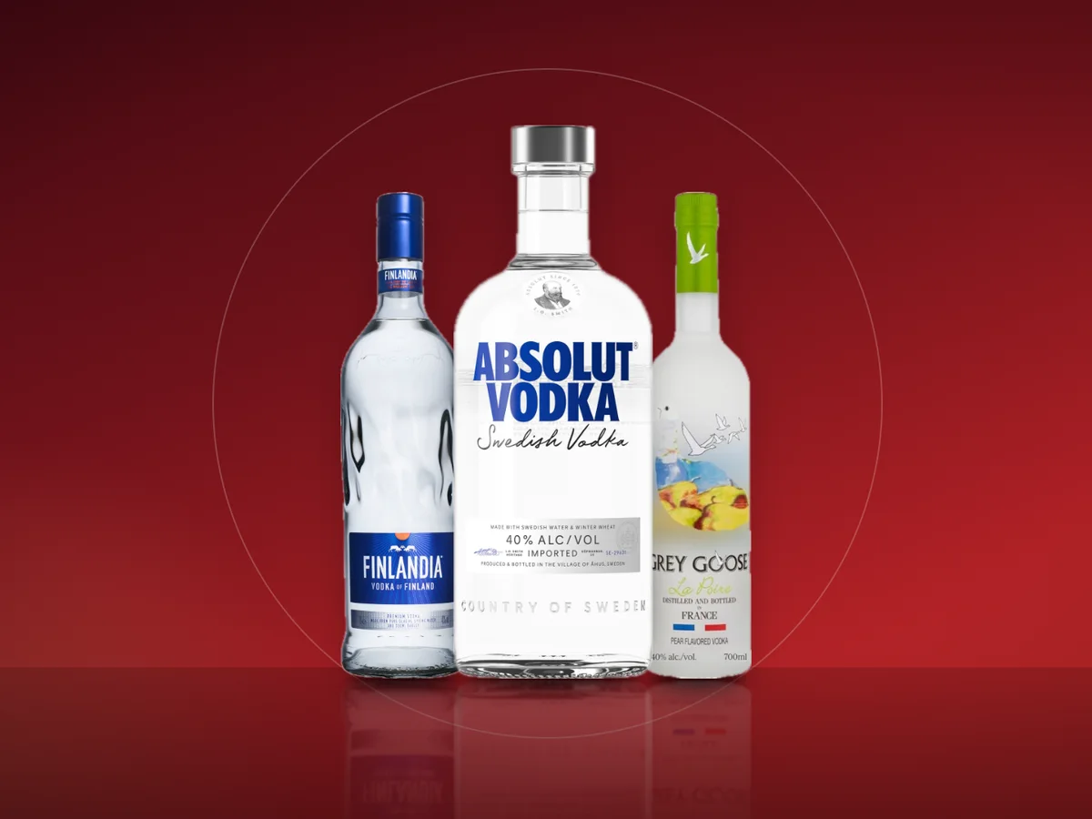 Vodka Absolut, vodka Finlandia de un litru si vodka Grey Goose La Poire
