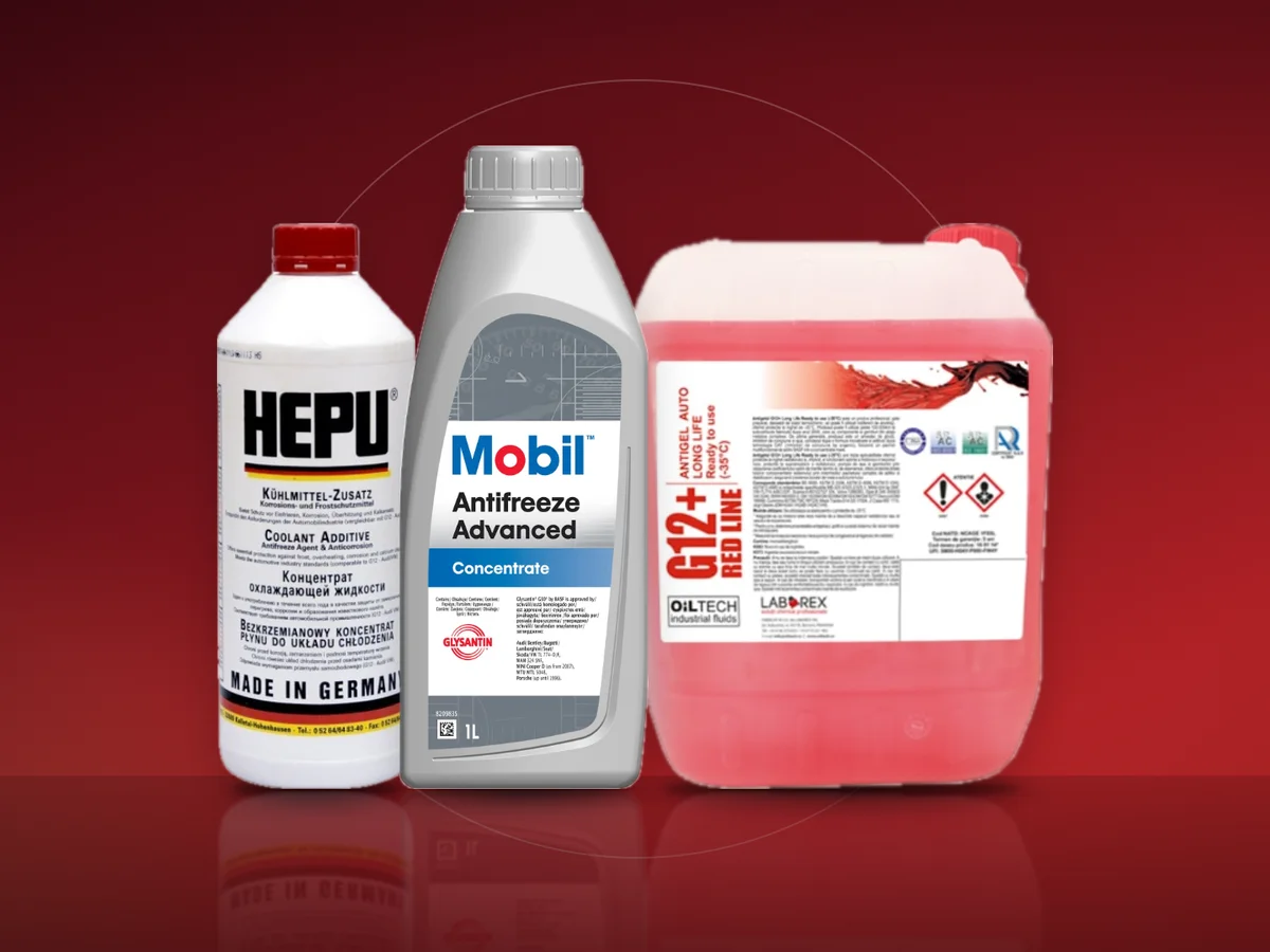 Trei bidoane de antigel G12: Hepu rosu, Mobil Antifreeze Advanced si o varianta gata diluata