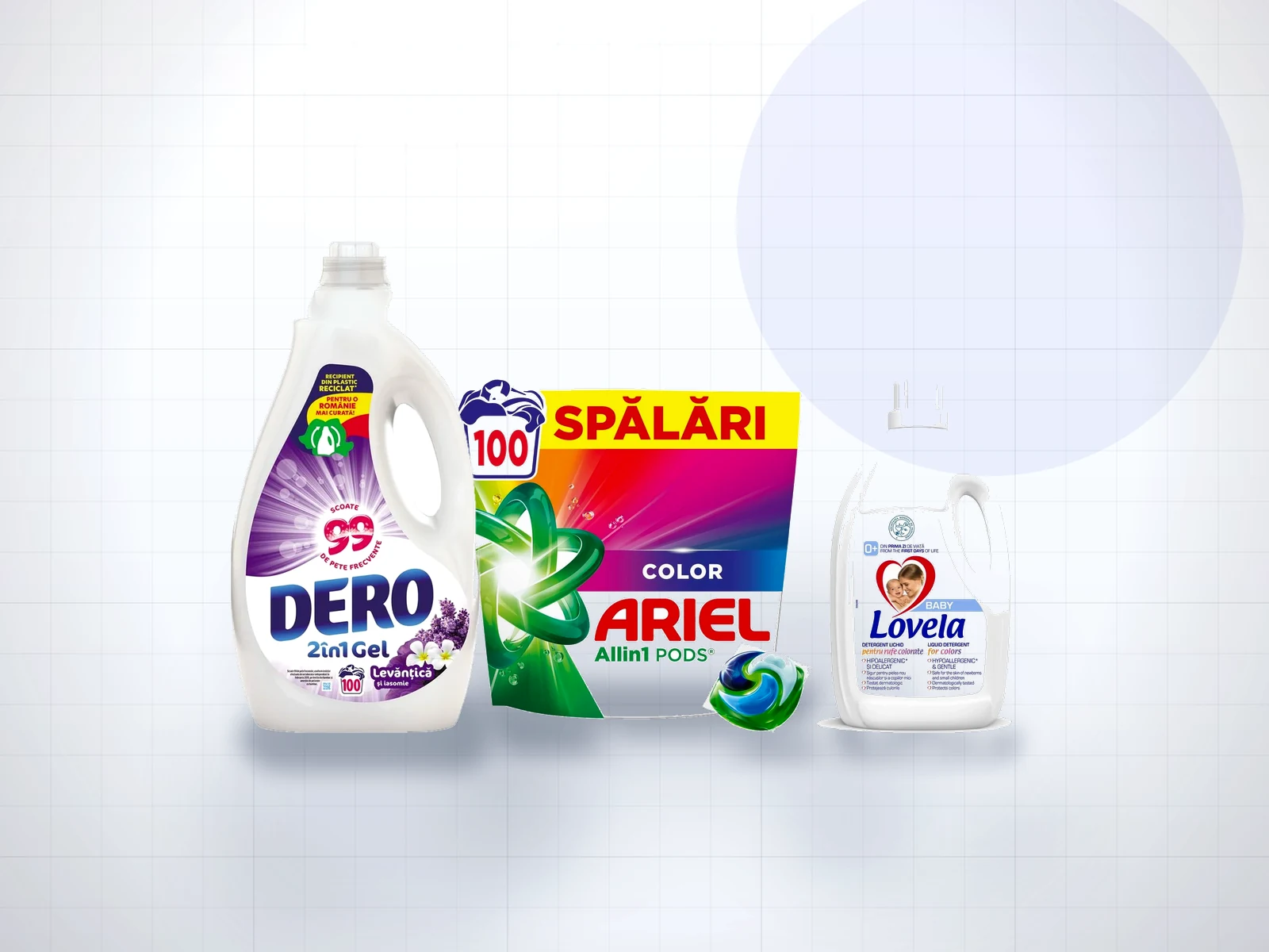 Trei detergenti de rufe: Dero 2in1 gel, capsule Ariel All in 1 Pods si Lovela Baby lichid