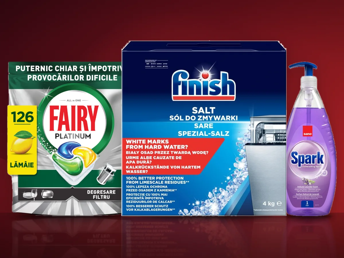 Detergent de vase Sano Spark, capsule Fairy Platinum pentru masina de spalat vase si sare Finish pentru dedurizare