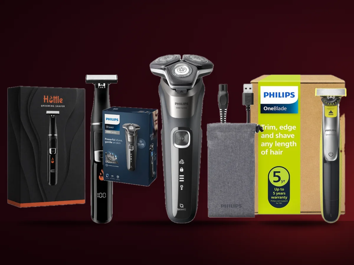 Trei aparate de ras electrice: unul rotativ cu trei capete, unul cu folie si un trimmer hibrid