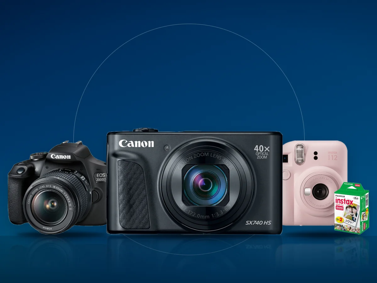 Aparat foto DSLR Canon EOS 2000D cu obiectiv, Canon PowerShot SX740 HS si Fujifilm Instax Mini 12 roz cu film