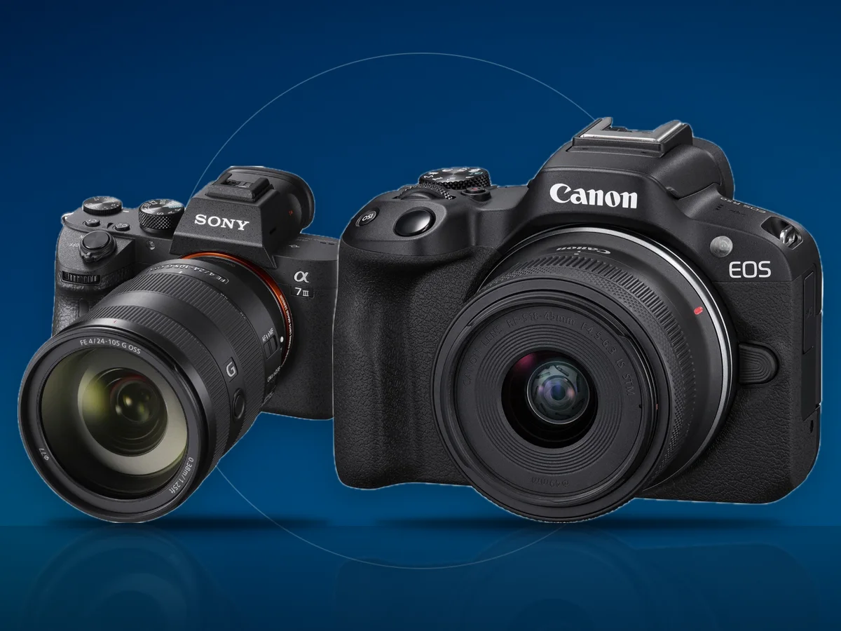 Aparate foto mirrorless Canon EOS R50 si Sony Alpha A7 III