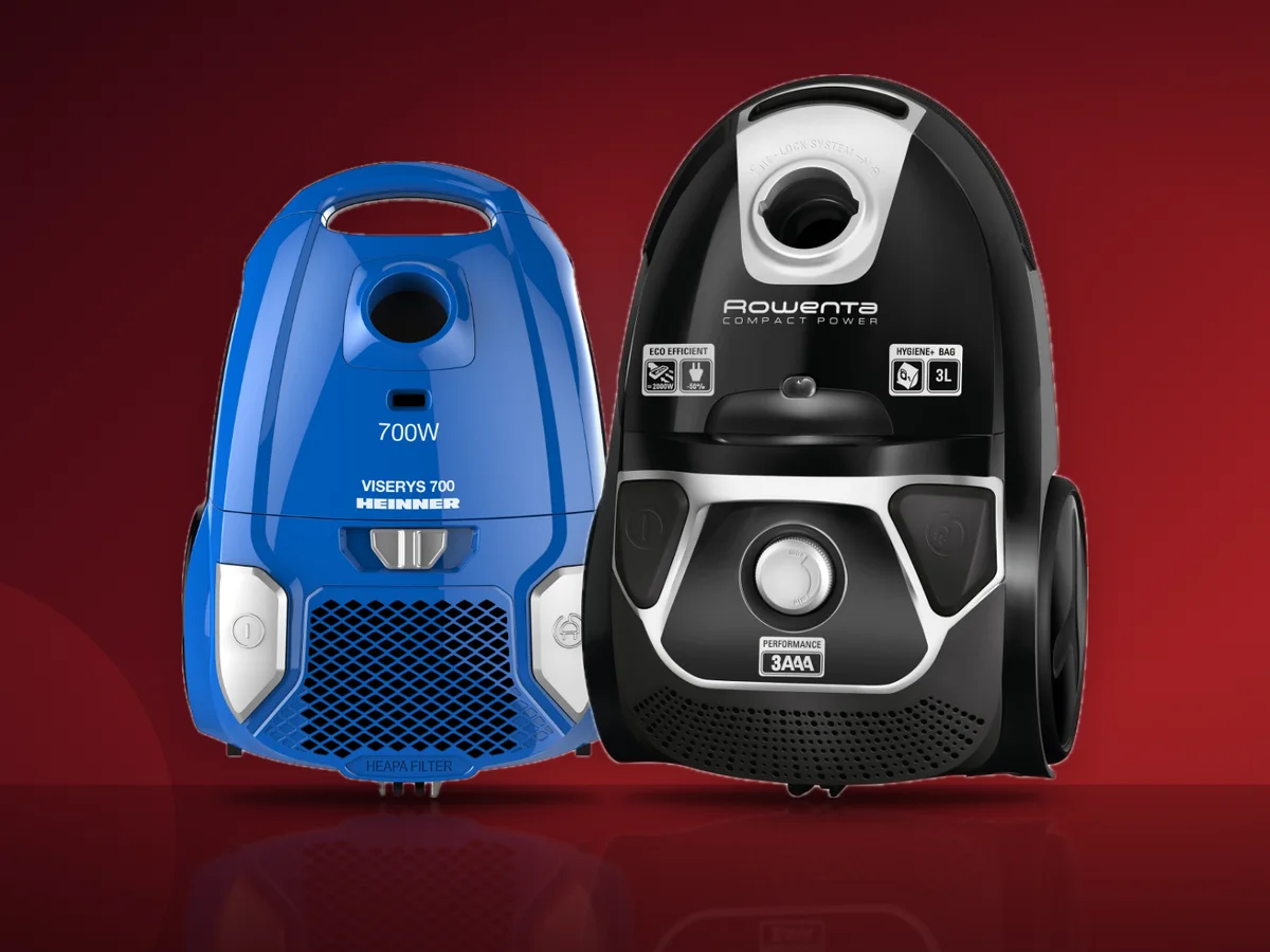 Aspirator cu sac Rowenta Compact Power negru si aspirator cu sac Heinner albastru