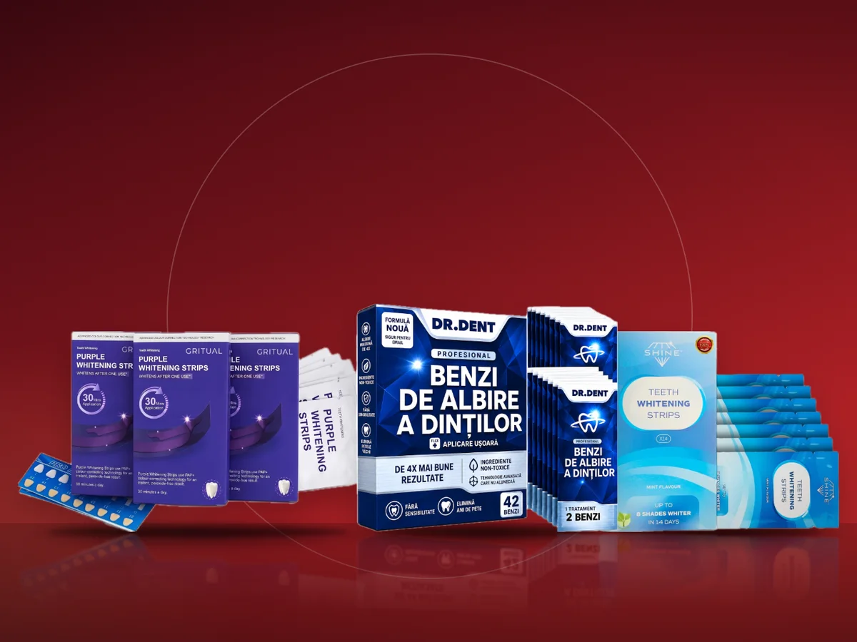 Trei cutii de benzi pentru albirea dintilor: DR.DENT, Shine si CoolSmile
