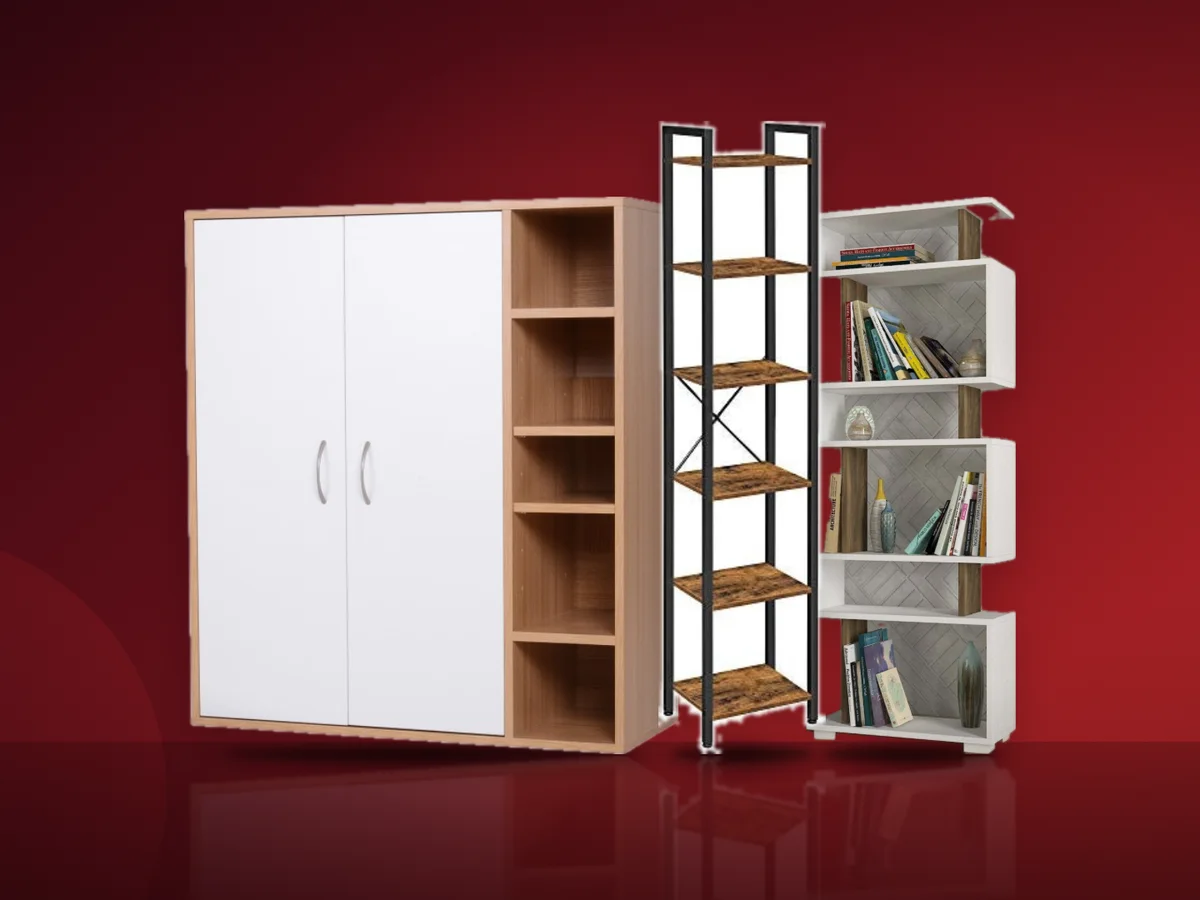 Biblioteca joasa Homcom cu doua usi, biblioteca UnicUtil cu polite alternate si biblioteca industriala VASAGLE din metal