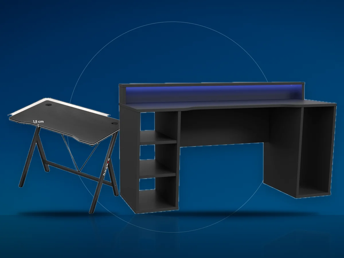 Birou de gaming KringX negru cu LED si birou Huzaro Hero cu cadru metalic