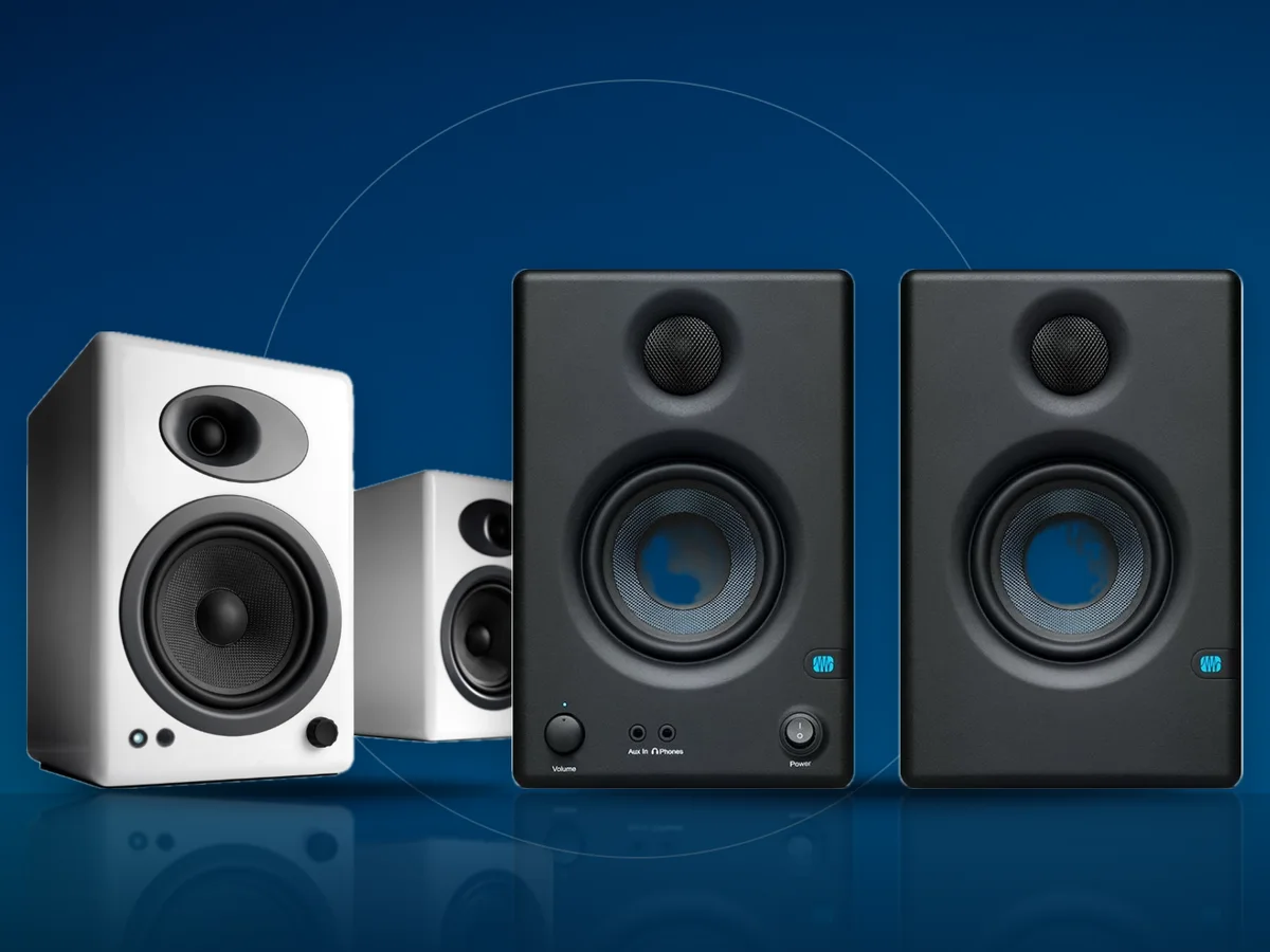 Boxe active de birou Presonus Eris si Audioengine A5+ albe