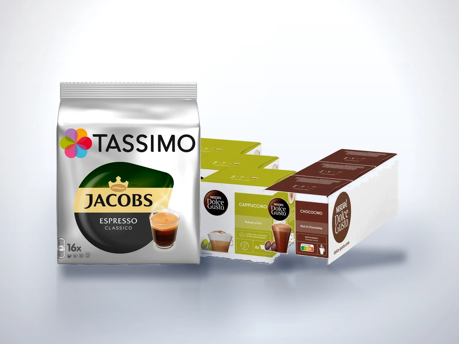 Trei pachete de capsule: Tassimo Jacobs Espresso, Dolce Gusto Cappuccino si Chococino