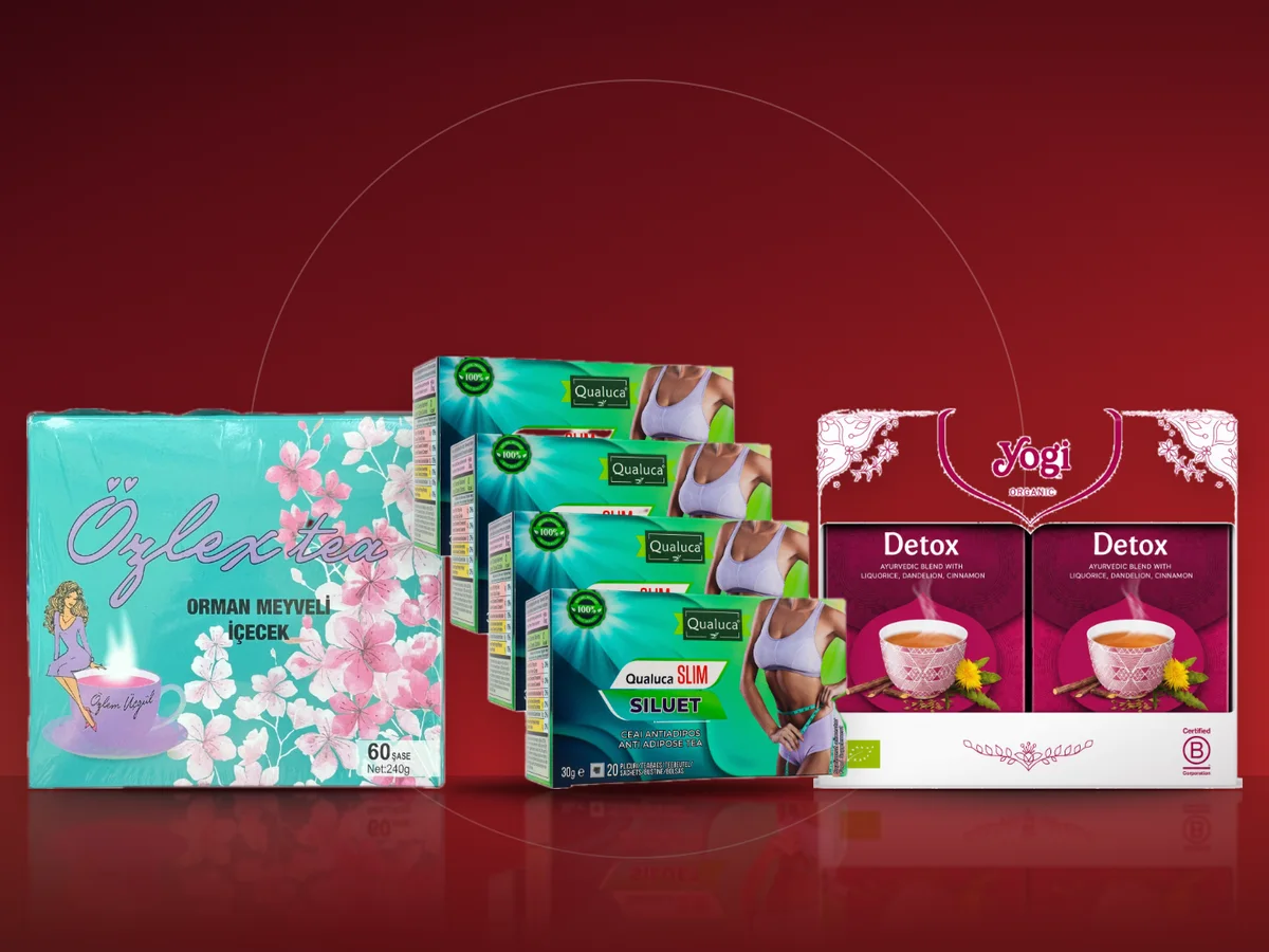 Trei cutii de ceai: Qualuca Slim, Yogi Tea detoxifiant si Ozlex Tea