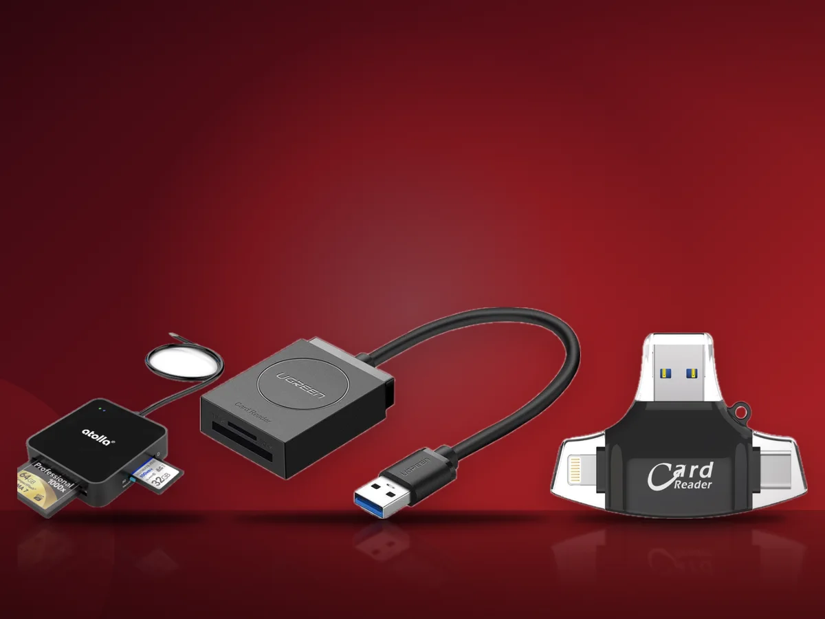 Cititoare de carduri Atolla cu carduri SD si CF, Ugreen pe USB 3.0 si Qeno cu mufe Lightning, USB-C si USB