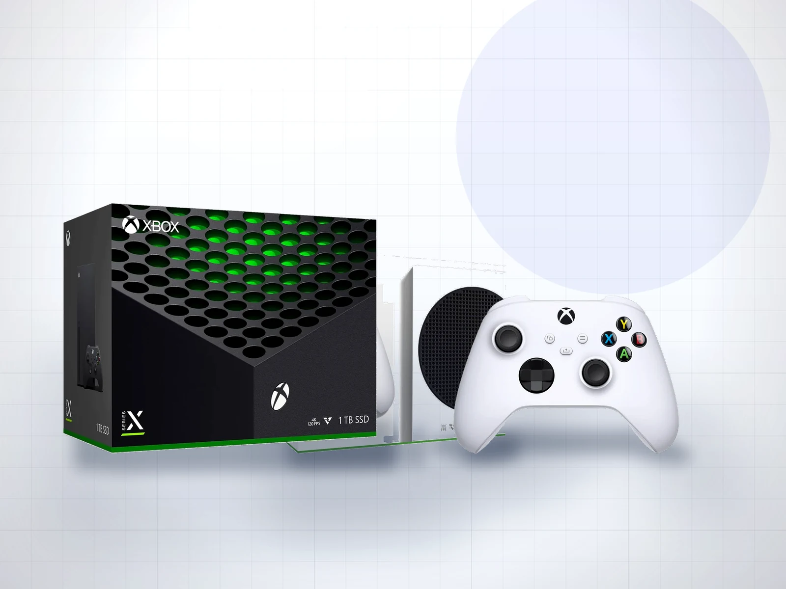 Xbox Series X in cutie, consola Series S si un controller alb Robot White