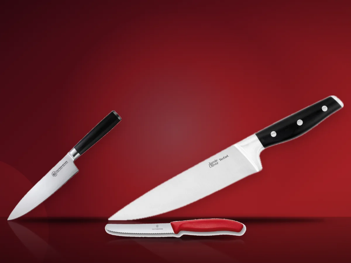 Cutit al bucatarului Tefal Jamie Oliver, cutit Konstanz si cutit Victorinox cu zimti