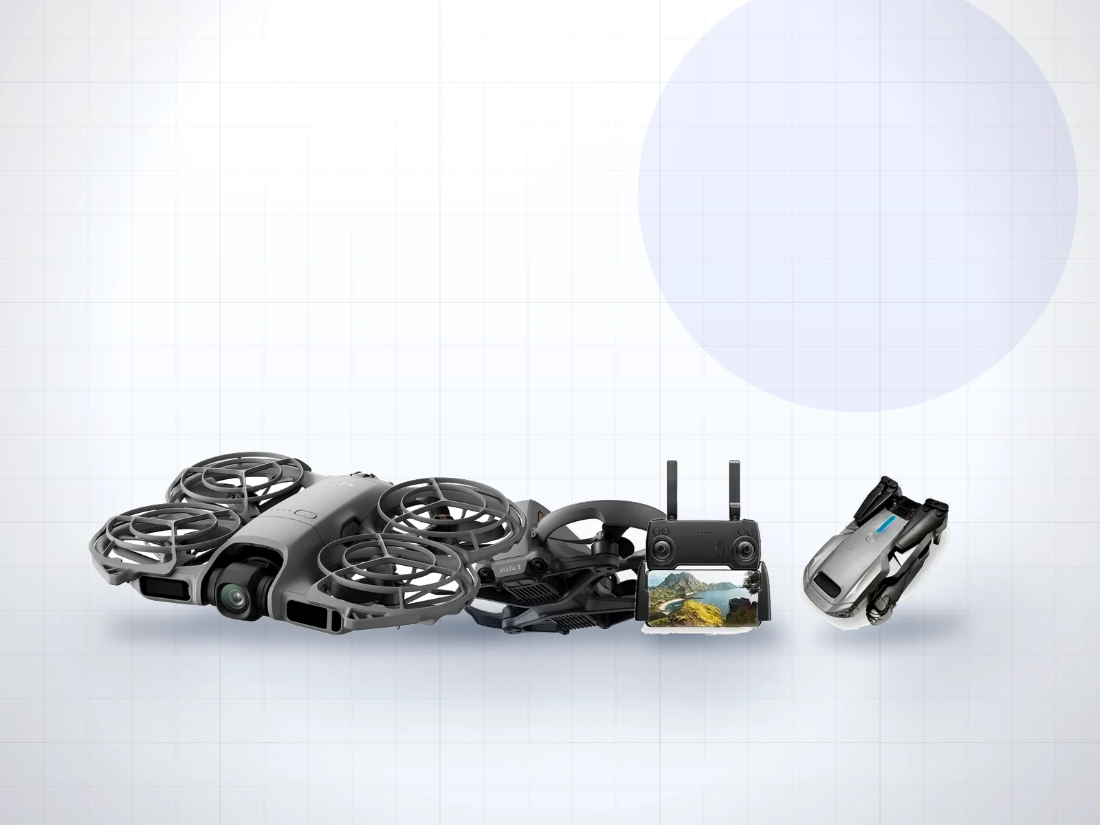 Trei drone: DJI Neo 2 cu aparatori de elice, DJI Avata 2 cu telecomanda si o mini drona pliabila