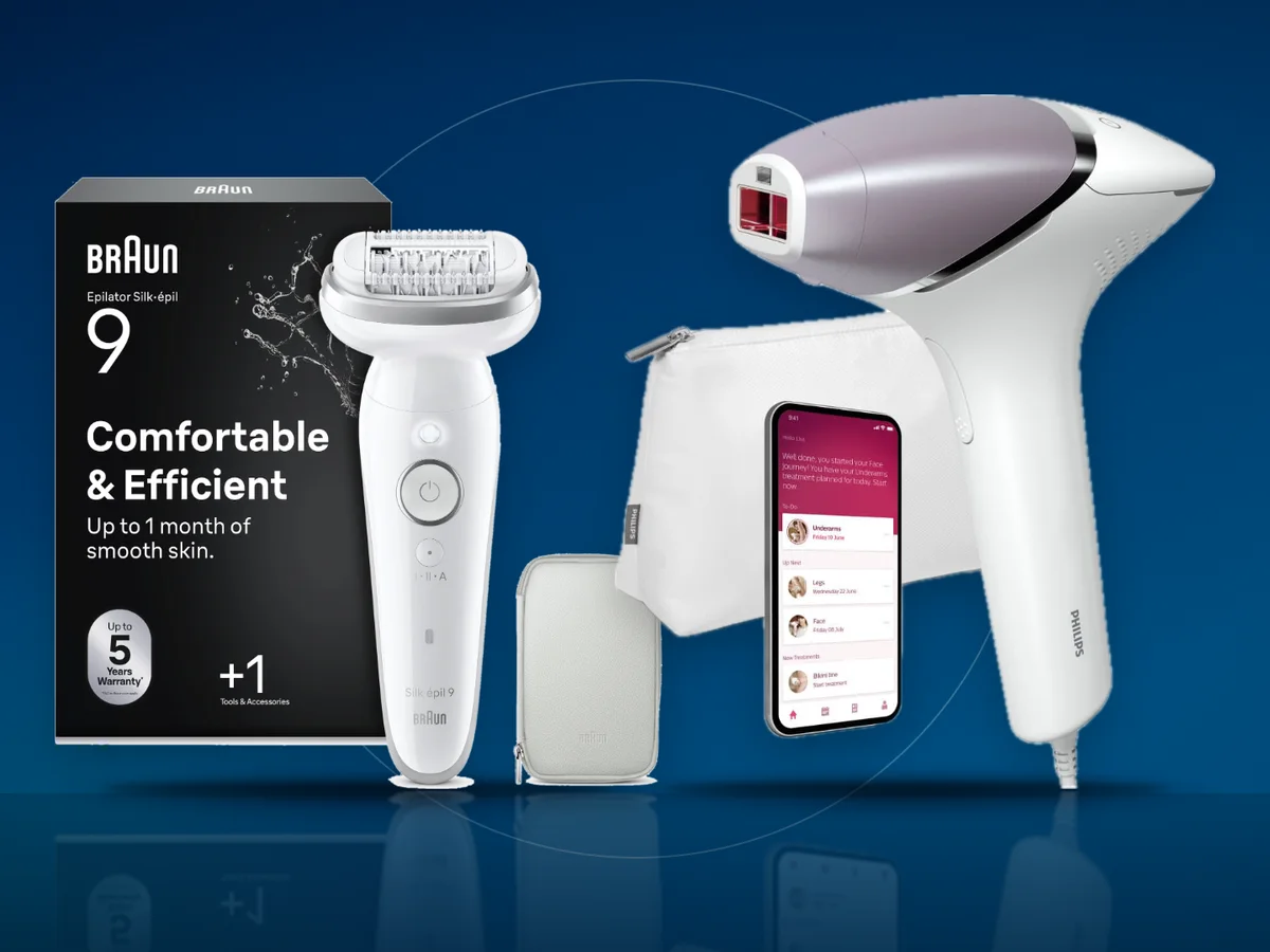 Epilator cu pensete Braun Silk-epil 9 si epilator IPL Philips Lumea cu husa