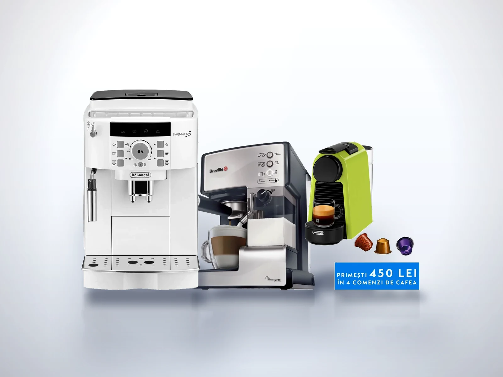 Trei espressoare: De'Longhi Magnifica S automat, Breville Prima Latte manual si Nespresso Essenza Mini