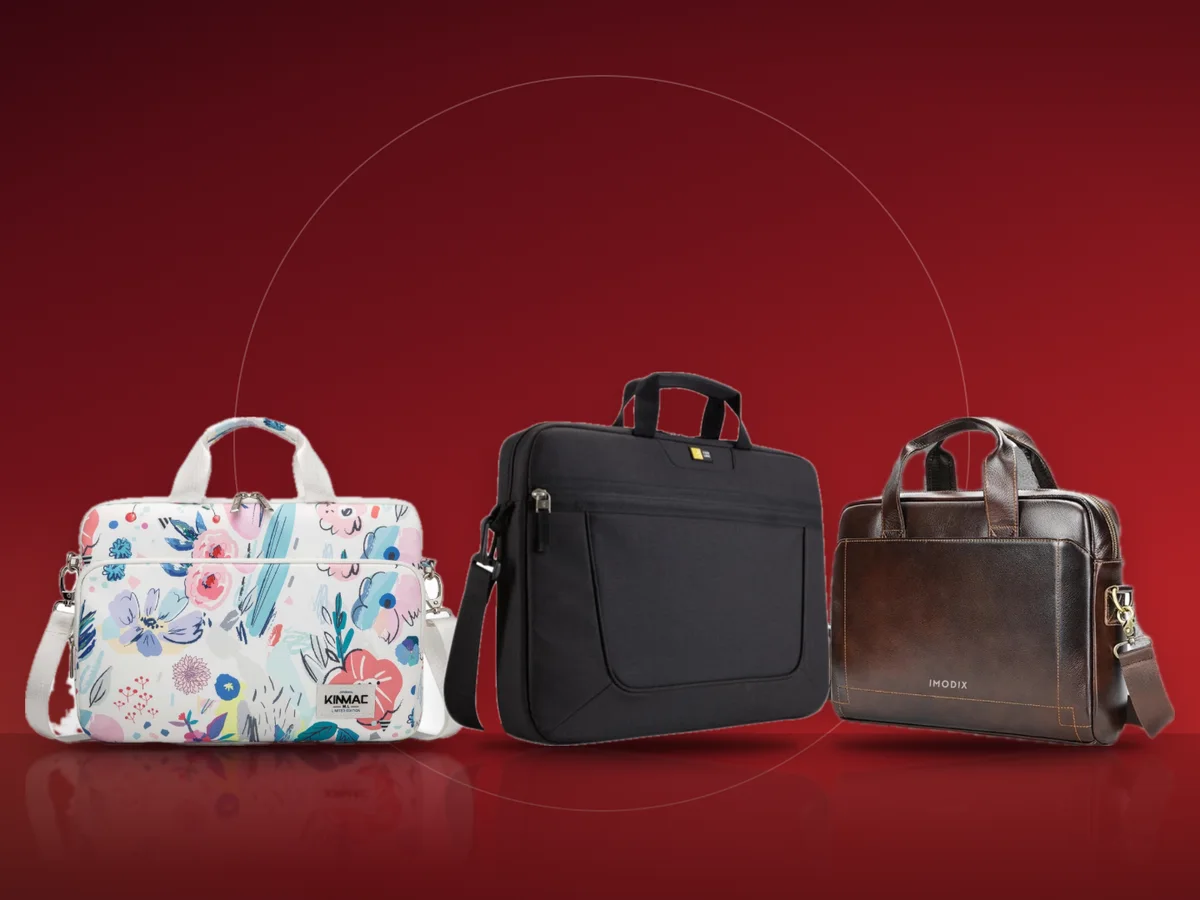 Geanta de laptop Kinmac cu imprimeu floral, servieta Case Logic neagra si geanta IMODIX din piele maro