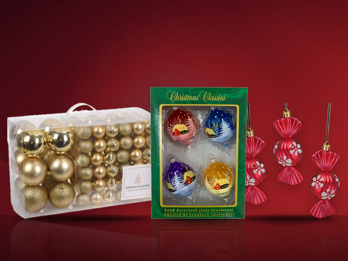 Set Home&Styling de 94 de globuri aurii, globuri Argcoms din sticla pictate manual si ornamente Holly in forma de bomboana