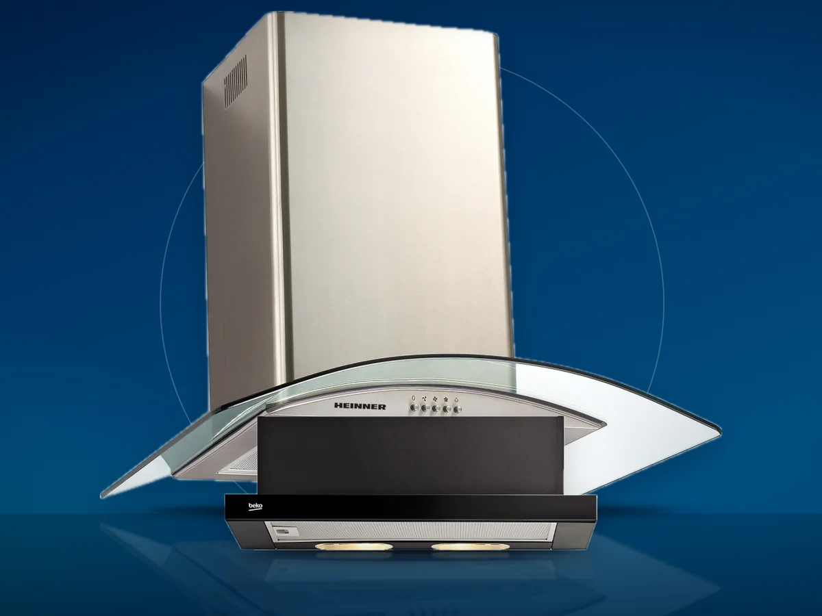 Hota decorativa Heinner din inox si sticla si hota telescopica Beko neagra
