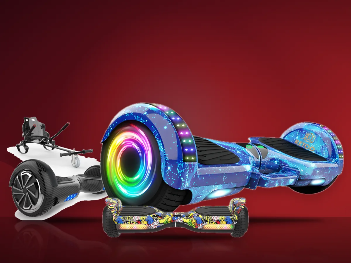 Trei hoverboarduri: unul cu LED-uri albastre, unul negru de 6,5 inch si un set cu hoverkart