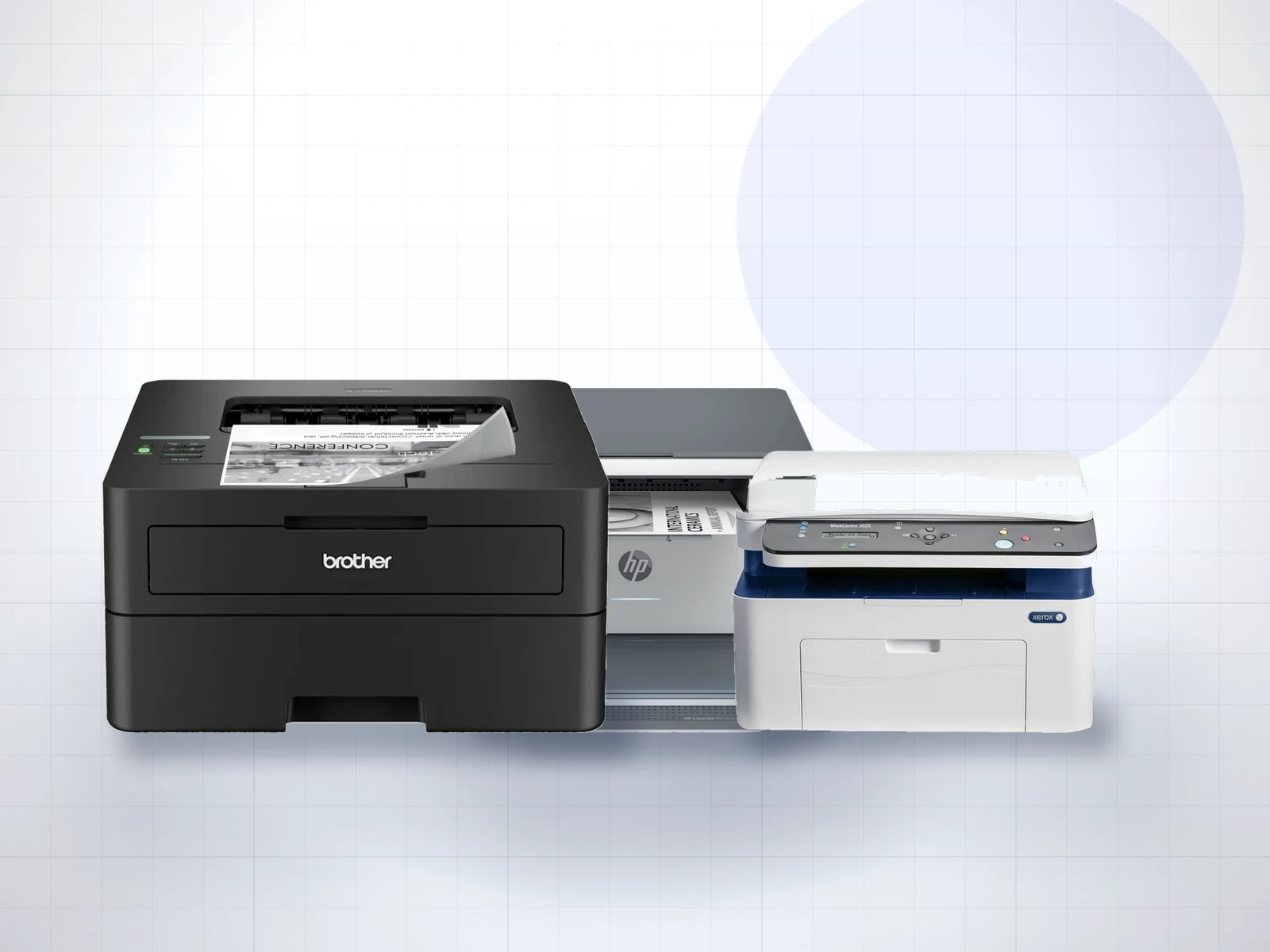 Trei imprimante laser monocrom: Brother HL-L2442DW, HP LaserJet MFP M234dw si Xerox WorkCentre 3025