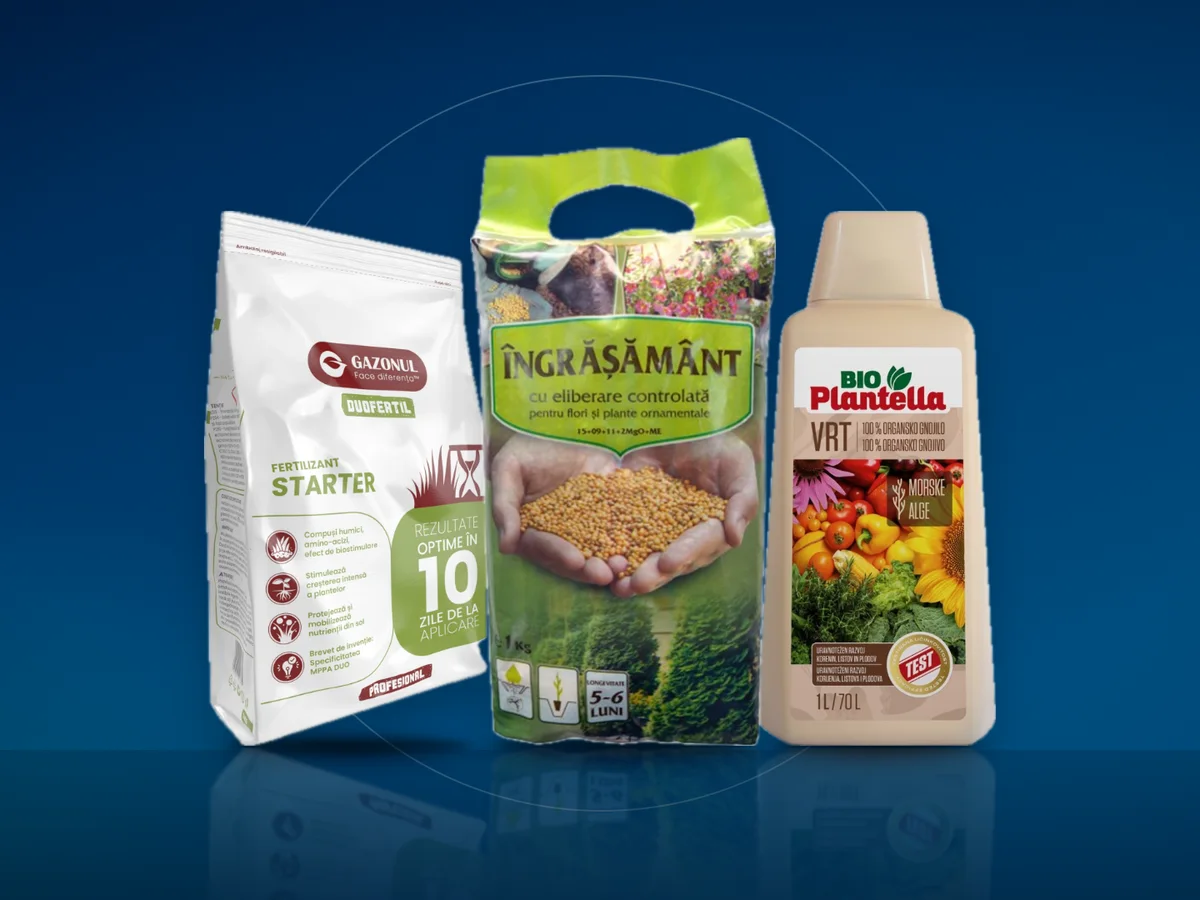 Ingrasamant pentru gazon Gazonul Starter, ingrasamant cu eliberare controlata pentru flori si ingrasamant lichid Bio Plantella