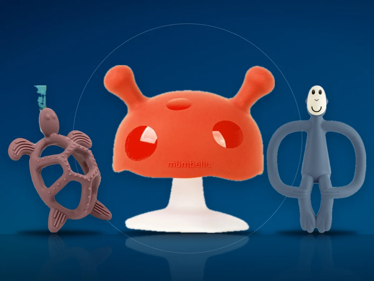 Inel gingival Mombella ciupercuta, jucarie de dentitie BabySnugg broscuta si maimutica Matchstick Monkey