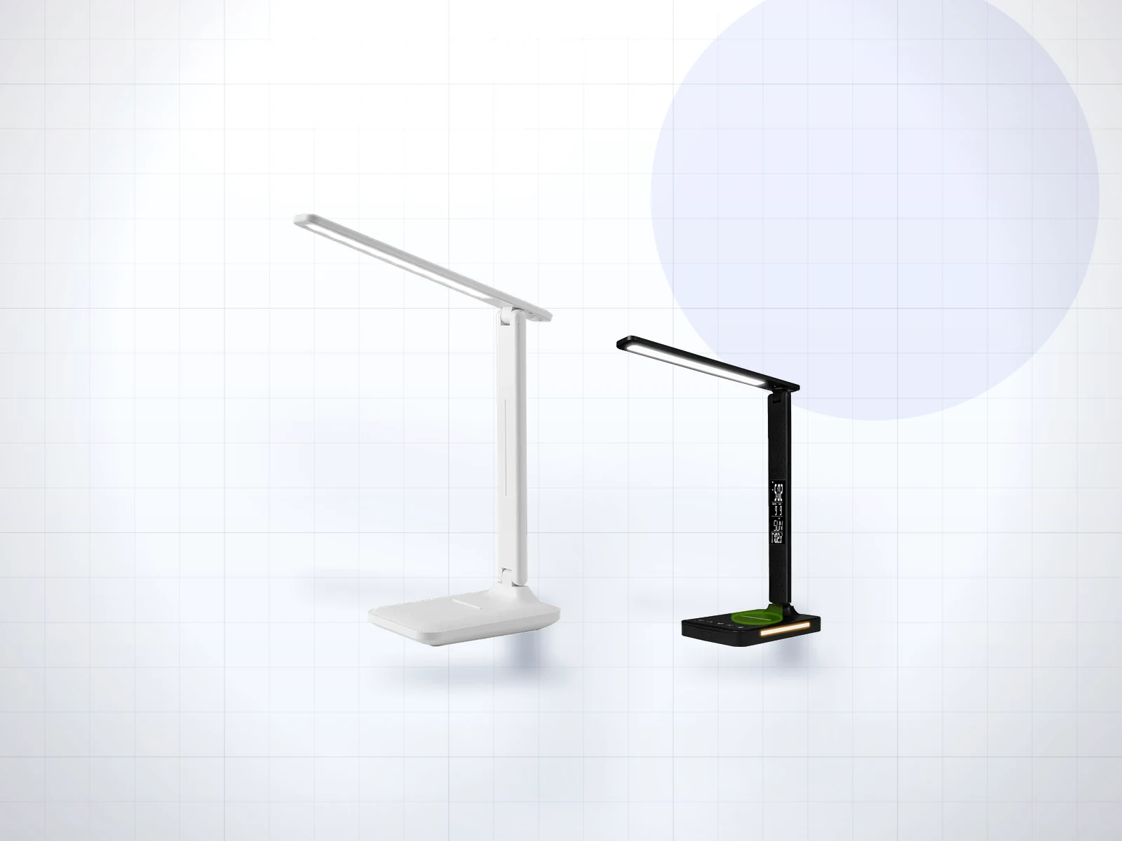 Doua lampi de birou LED pliabile, una alba si una neagra cu ceas si incarcare wireless
