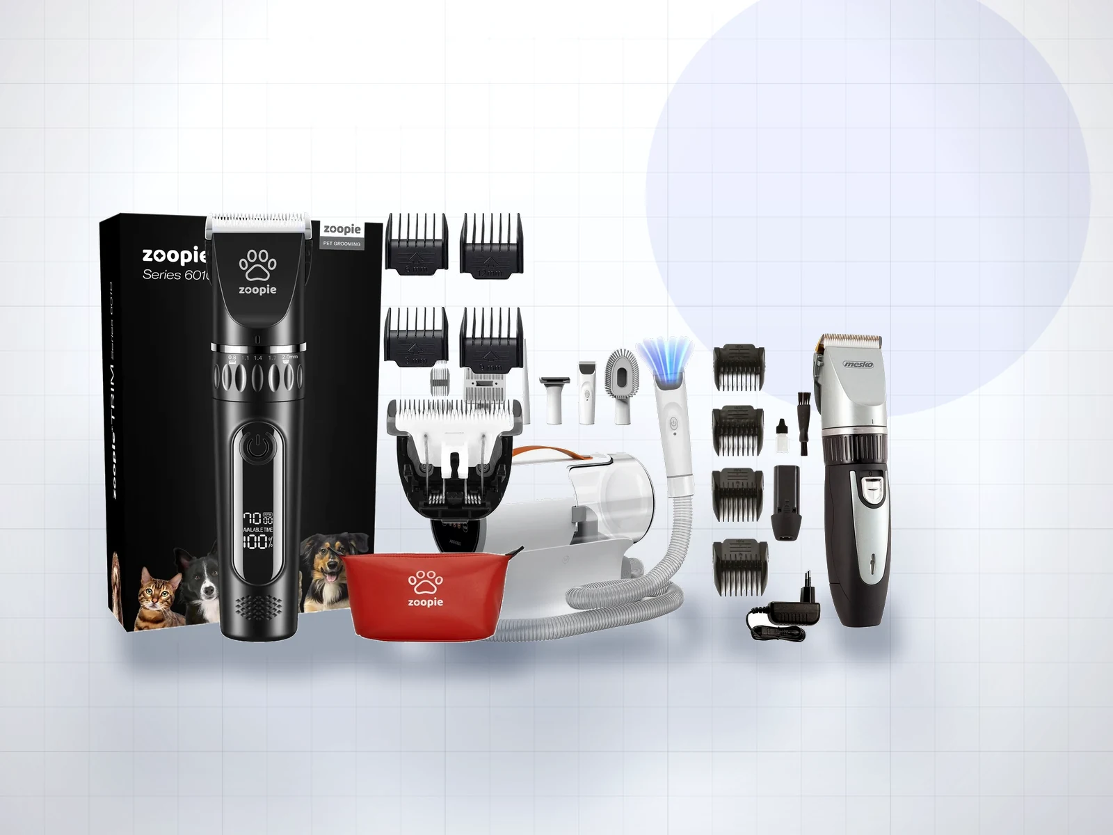 Trei masini de tuns animale: Zoopie TRIM cu ecran, un set EvoSmart cu aspirator si Mesko MS 2826