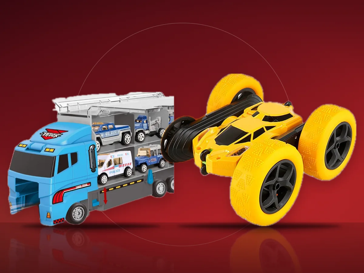 Camion trailer de jucarie Pitikot cu masinute si masina cu telecomanda Pitikot pentru cascadorii