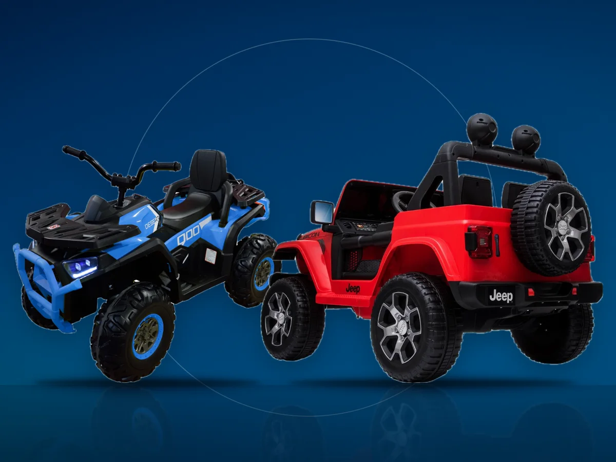ATV electric Premier Desert albastru si masinuta electrica Premier Jeep rosie pentru copii