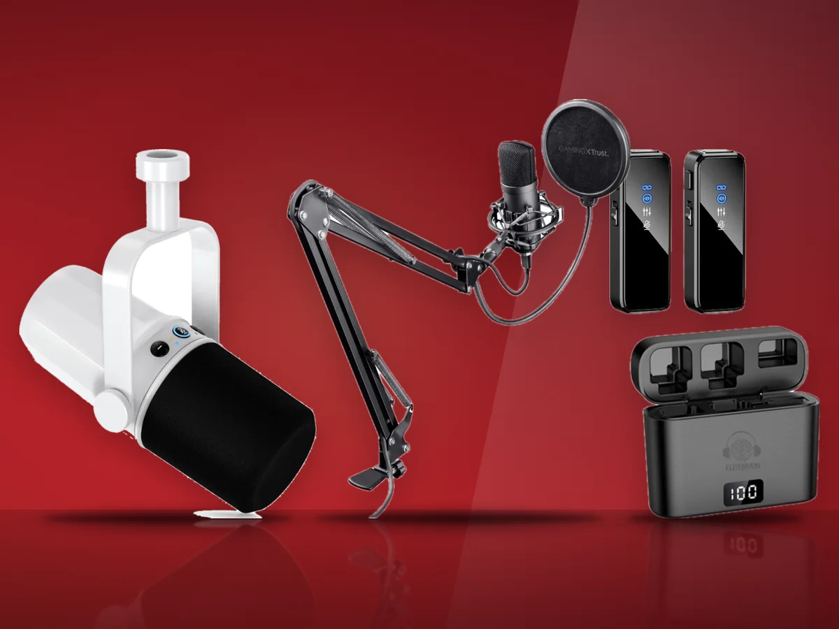 Trei microfoane: unul de studio pe stativ, unul USB pentru streaming si o pereche de lavaliere fara fir