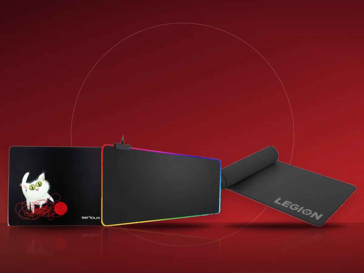 Mouse pad Serioux cu pisica, mouse pad mare cu iluminare RGB si mouse pad Lenovo Legion rulat