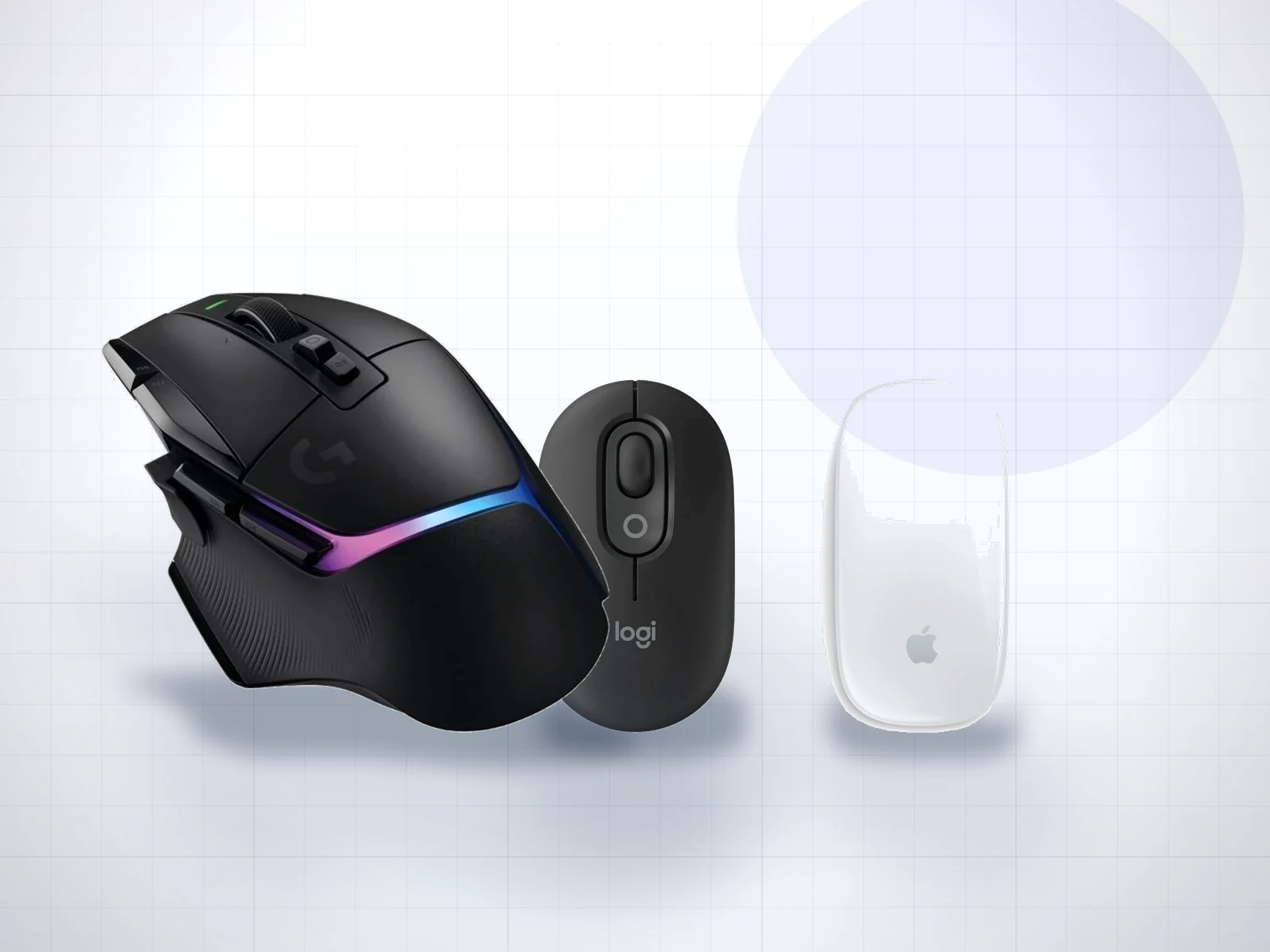 Trei mouse-uri wireless: unul de gaming cu iluminare RGB, unul compact negru si unul alb plat