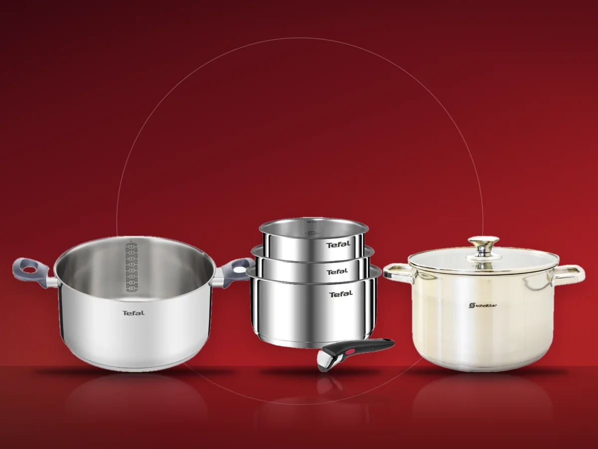 Oala Tefal Daily Cook din inox cu capac de sticla, set de oale Tefal Ingenio cu maner detasabil si oala Schmitter de 6 litri