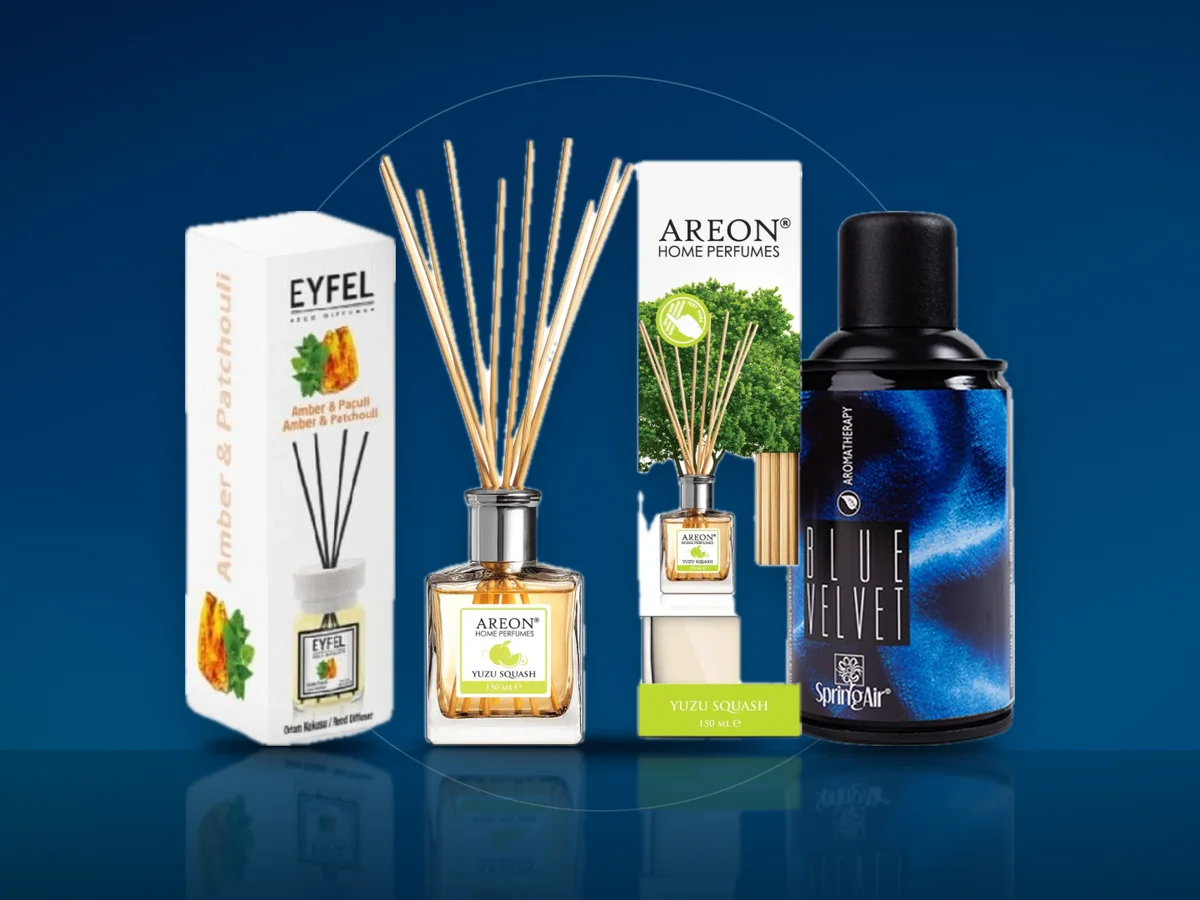 Odorizant cu betisoare Eyfel Amber si Paciuli, Areon Home Perfume Yuzu Squash si rezerva Spring Air Blue Velvet