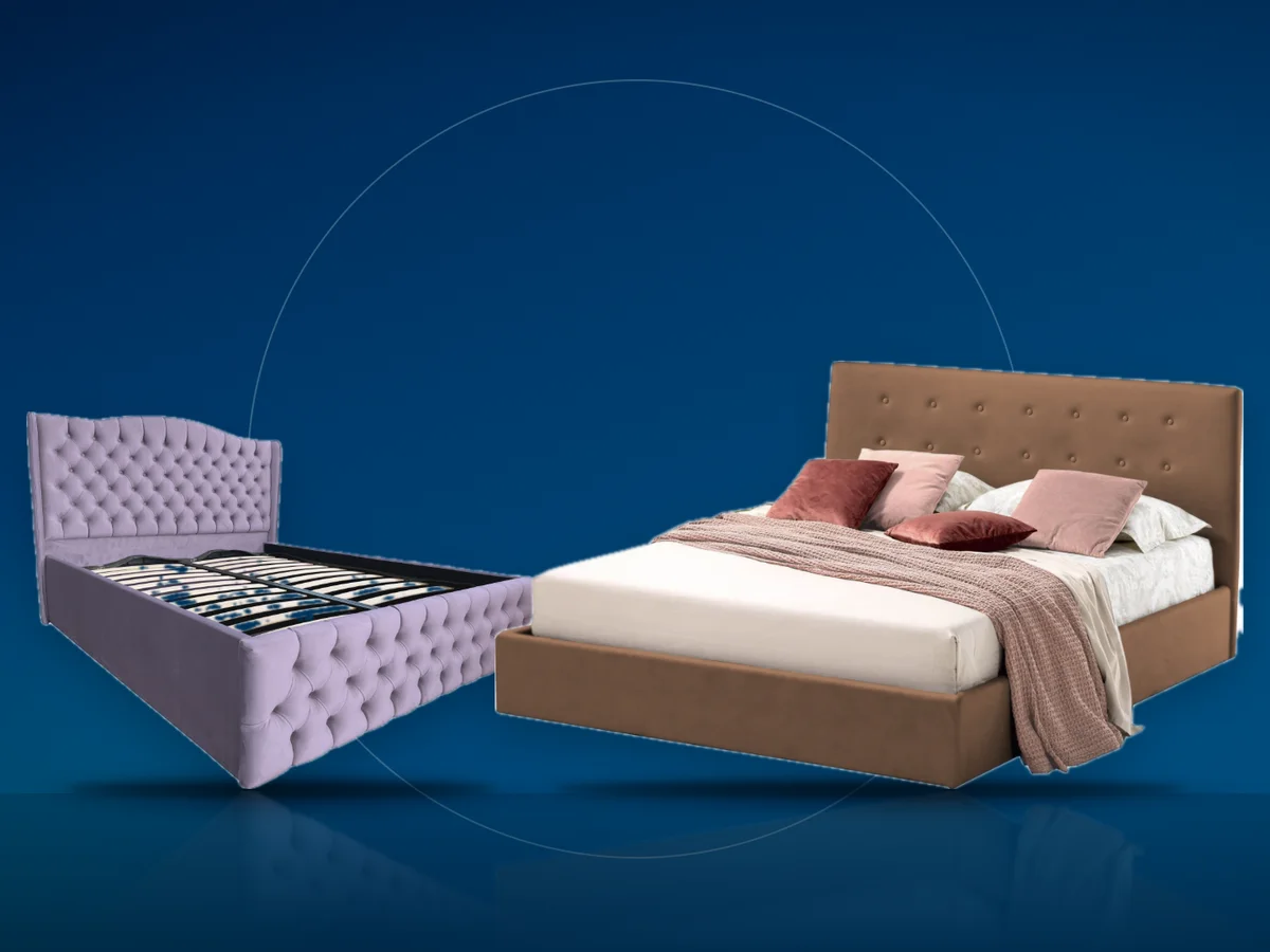 Pat tapitat Abra cu lada si somiera rabatabila si pat tapitat Doha cu tablie inalta