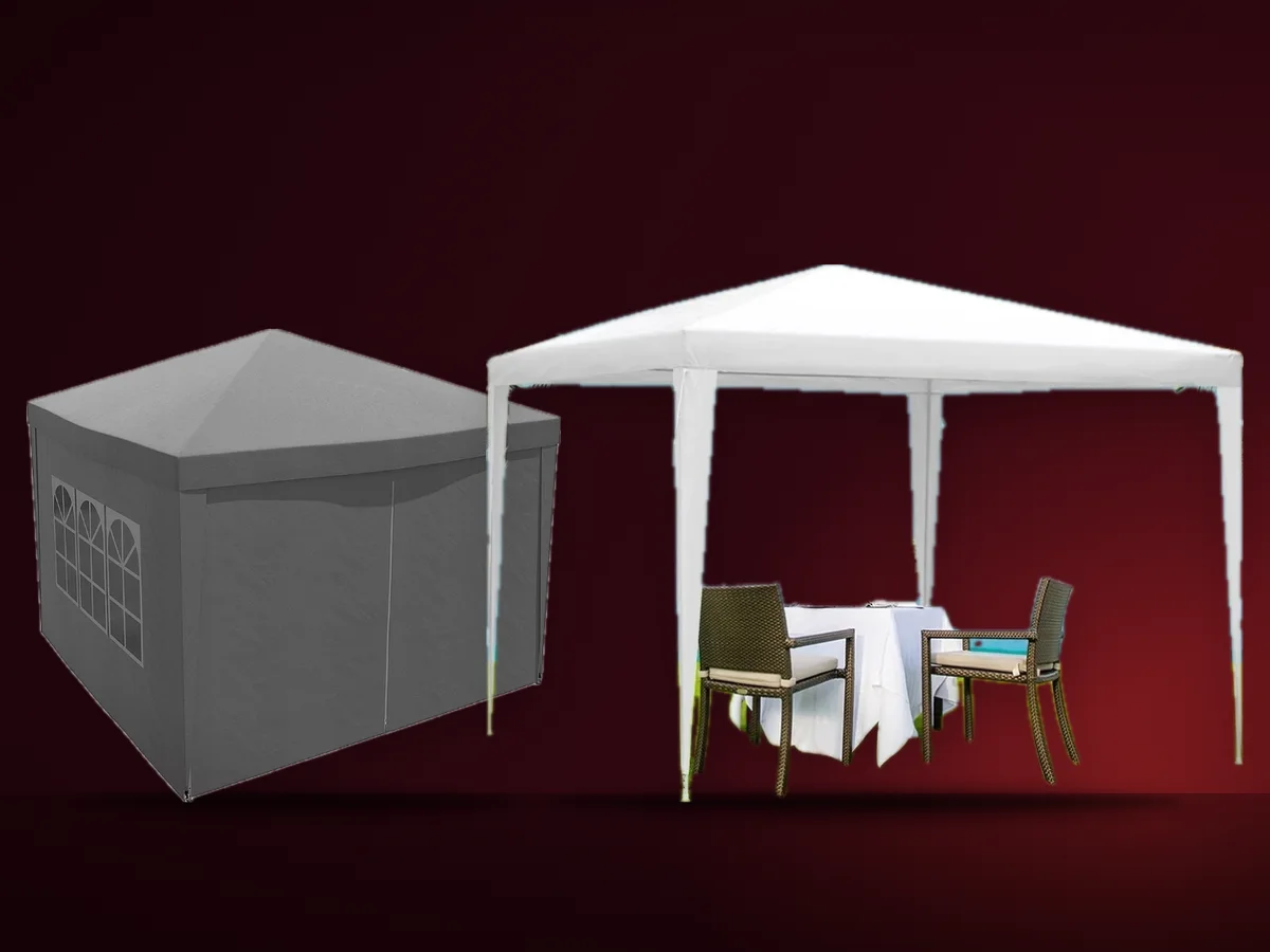 Pavilion gri cu pereti laterali si ferestre si pavilion alb de 3x3 metri cu masa si scaune