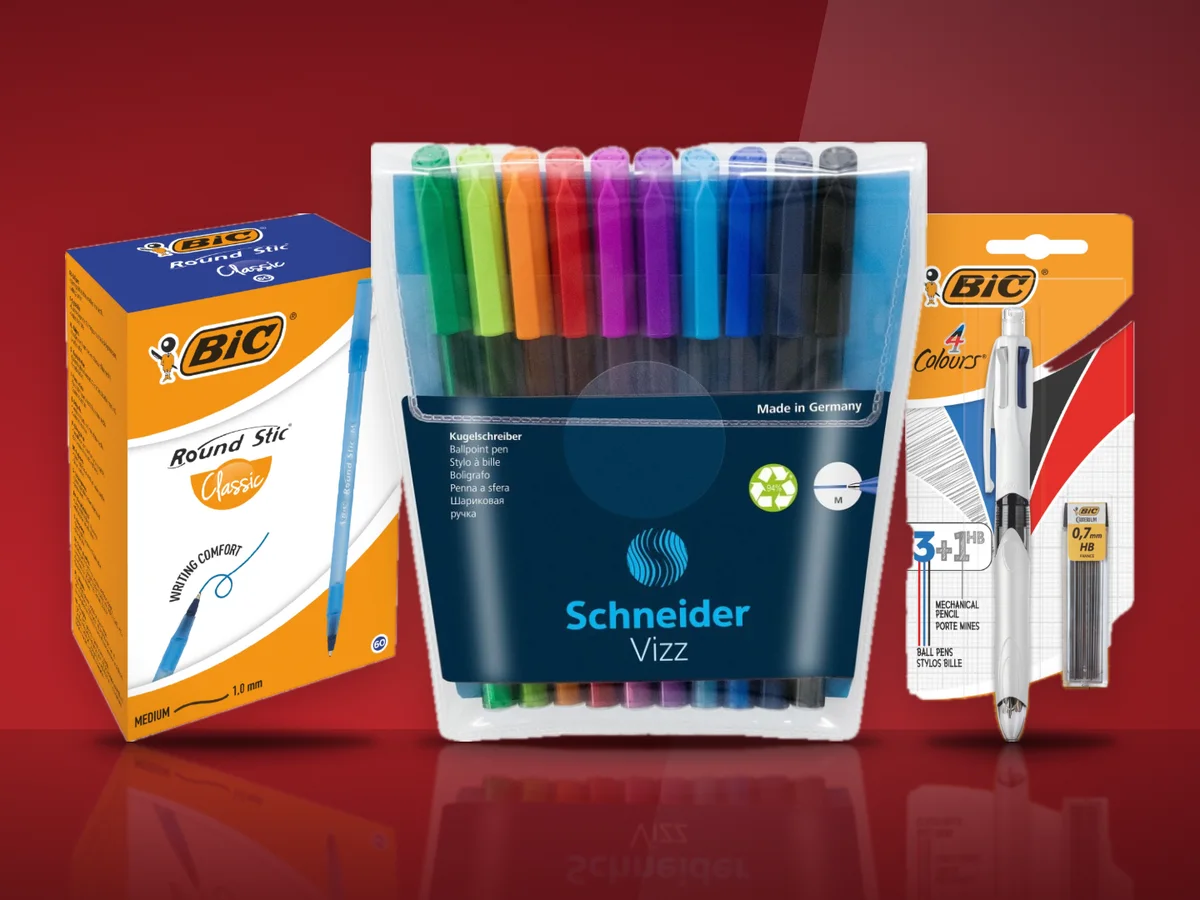 Cutie cu saizeci de pixuri BIC Round Stic, zece pixuri Schneider Vizz colorate si un BIC 4 Colours in blister