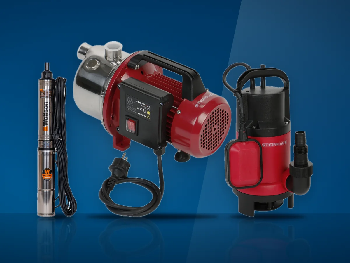 Trei pompe de apa: Steinhaus PRO-JP1100I, o submersibila de adancime si una pentru apa murdara