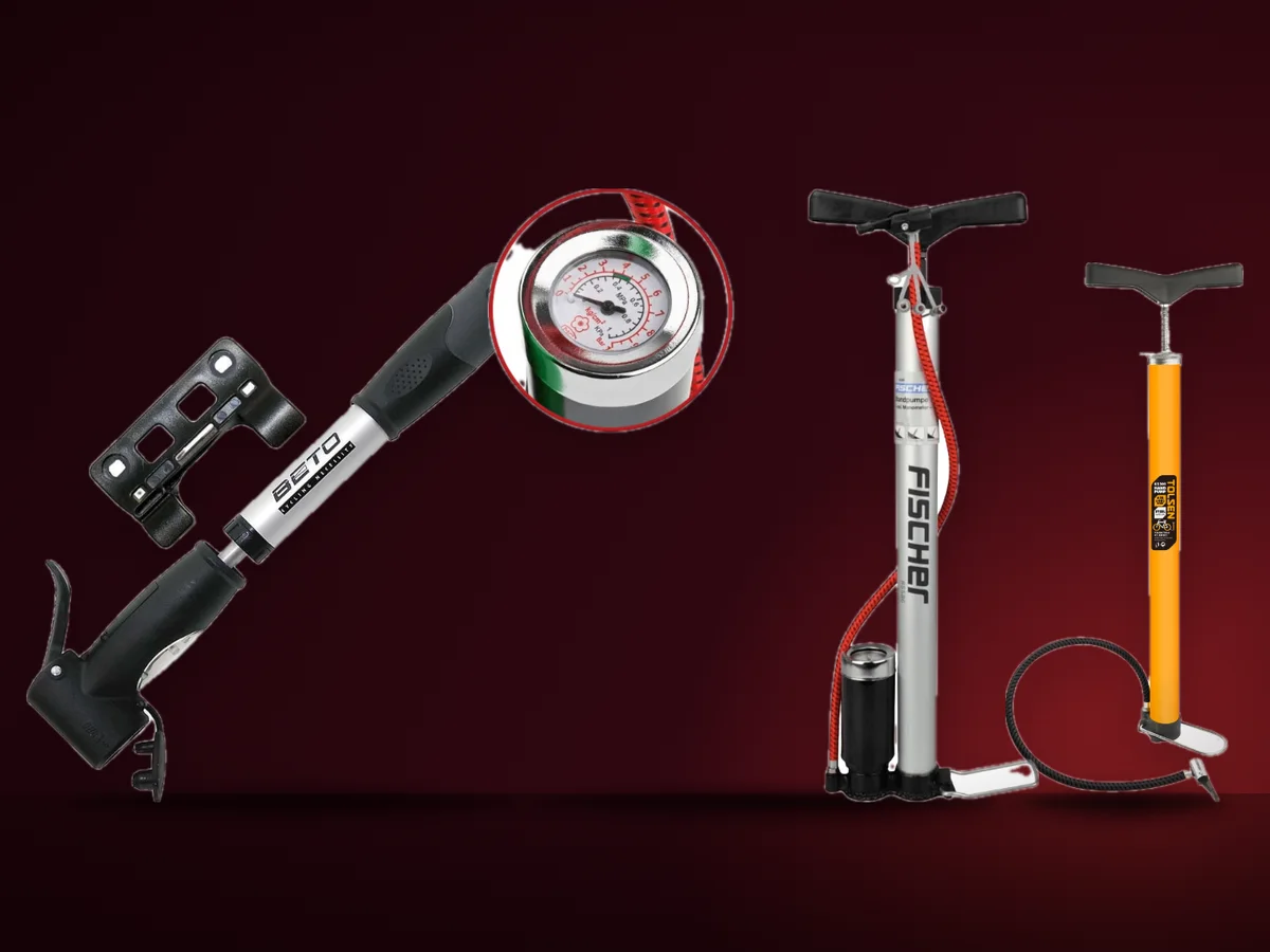 Trei pompe de bicicleta: una de podea cu manometru, una mini de cadru si una manuala metalica