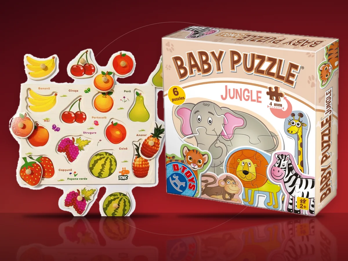 Puzzle incastru din lemn cu fructe si puzzle D-Toys Baby Puzzle Jungle cu 6 animale